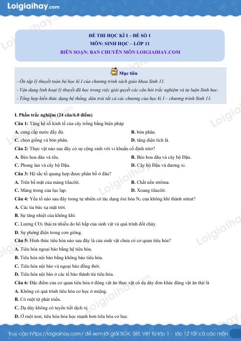 Đề số 1 - Đề kiểm tra học kì 1 - Sinh học 11